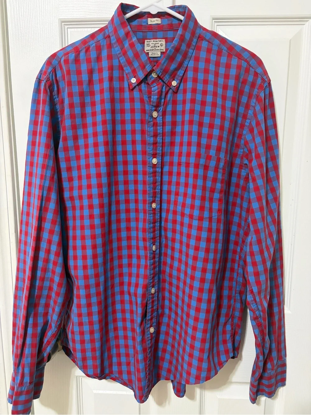J. Crew Slim Fit Red Blue Gingham  Plaid Button Down Shirt Men’s Quality Woven L